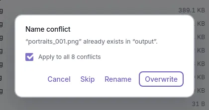 The name conflict dialog with “Apply to all 8 conflicts” ticked and four choices: Cancel, Skip, Rename, Overwrite
