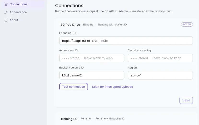 Settings, Connections: the active connection with its endpoint URL, volume ID and region filled in, both keys shown as stored