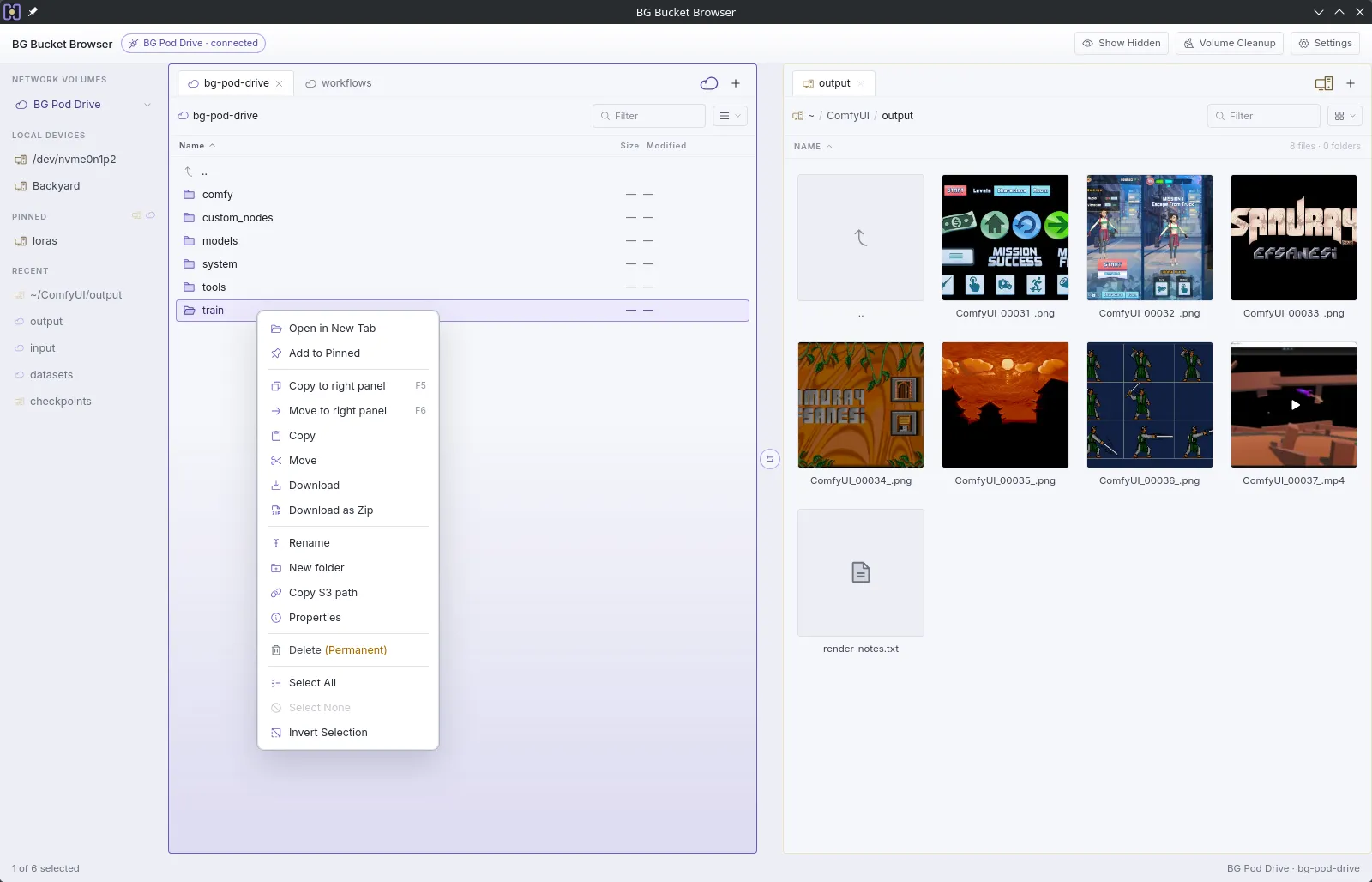 BG Bucket Browser with the context menu open on a volume folder: copy and move to the right panel, download, download as zip, rename, copy S3 path