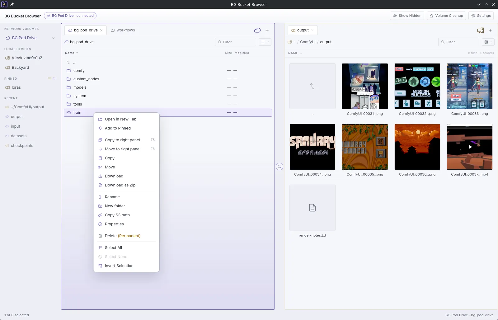 BG Bucket Browser with the context menu open on a volume folder: copy and move to the right panel, download, download as zip, rename, copy S3 path