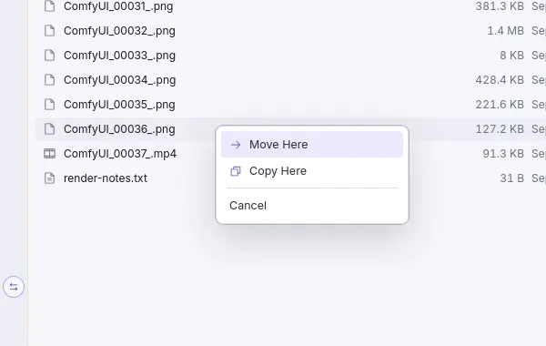 The drop menu after dragging a file onto the other pane: Move Here, Copy Here, Cancel