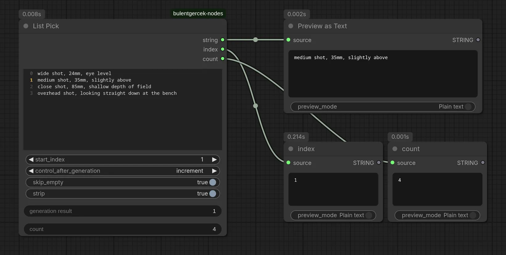 List Pick wired into a Preview as Text node, returning one line from a three-line list