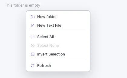 The context menu on an empty folder: New folder, New Text File, selection commands, Refresh