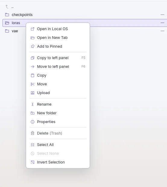 The context menu on a local folder: open in local OS, copy and move to the left panel, upload, delete (trash)