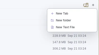 The + menu on the pane header: New Tab, New folder, New Text File