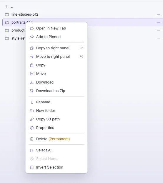 The context menu on a volume folder: copy and move to the right panel, download, download as zip, copy S3 path, delete (permanent)