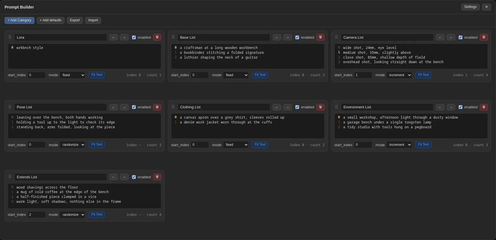The Prompt Builder panel with three category columns, each holding a list, a start index and a mode