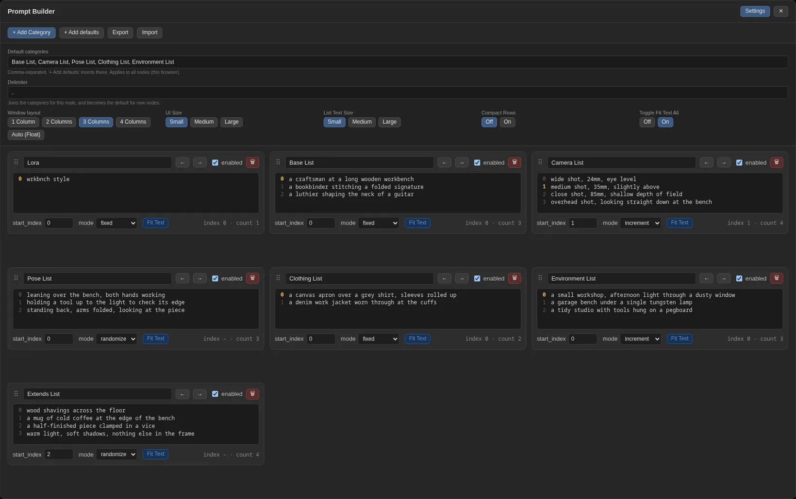 The Prompt Builder settings drawer: default categories, delimiter, window layout, UI and list text size