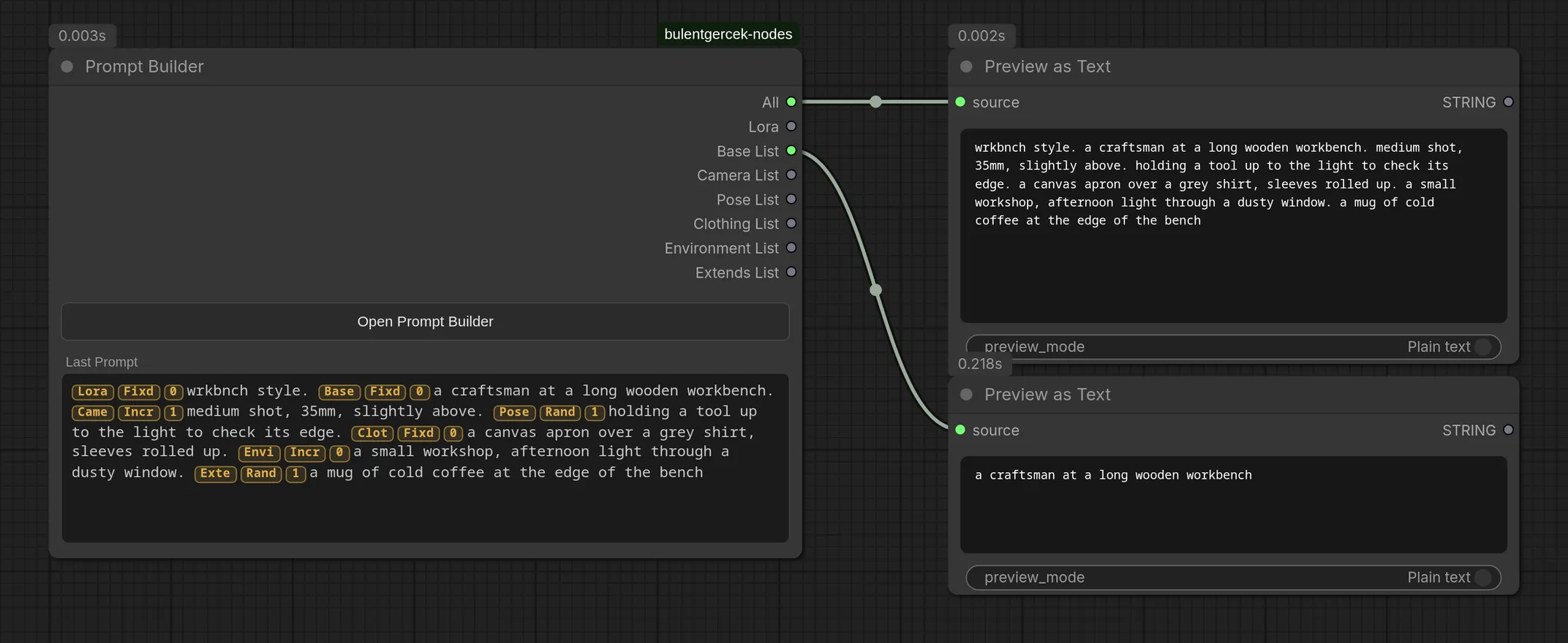 Prompt Builder wired into two Preview as Text nodes: the full prompt on top, one category's line below