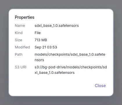 The Properties dialog of a checkpoint file: name, kind, size, modified, path and its S3 URI