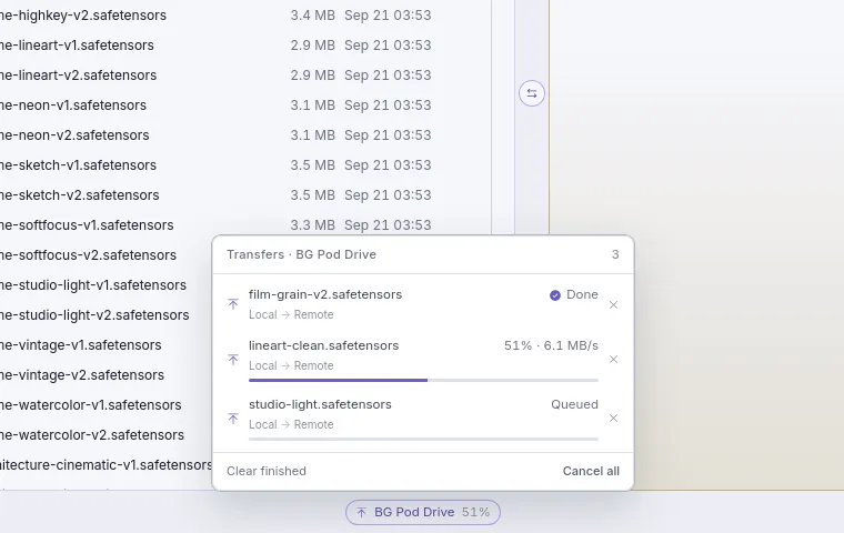 The transfers panel open above the status bar: one upload done, one at 51% and 6.1 MB/s, one queued